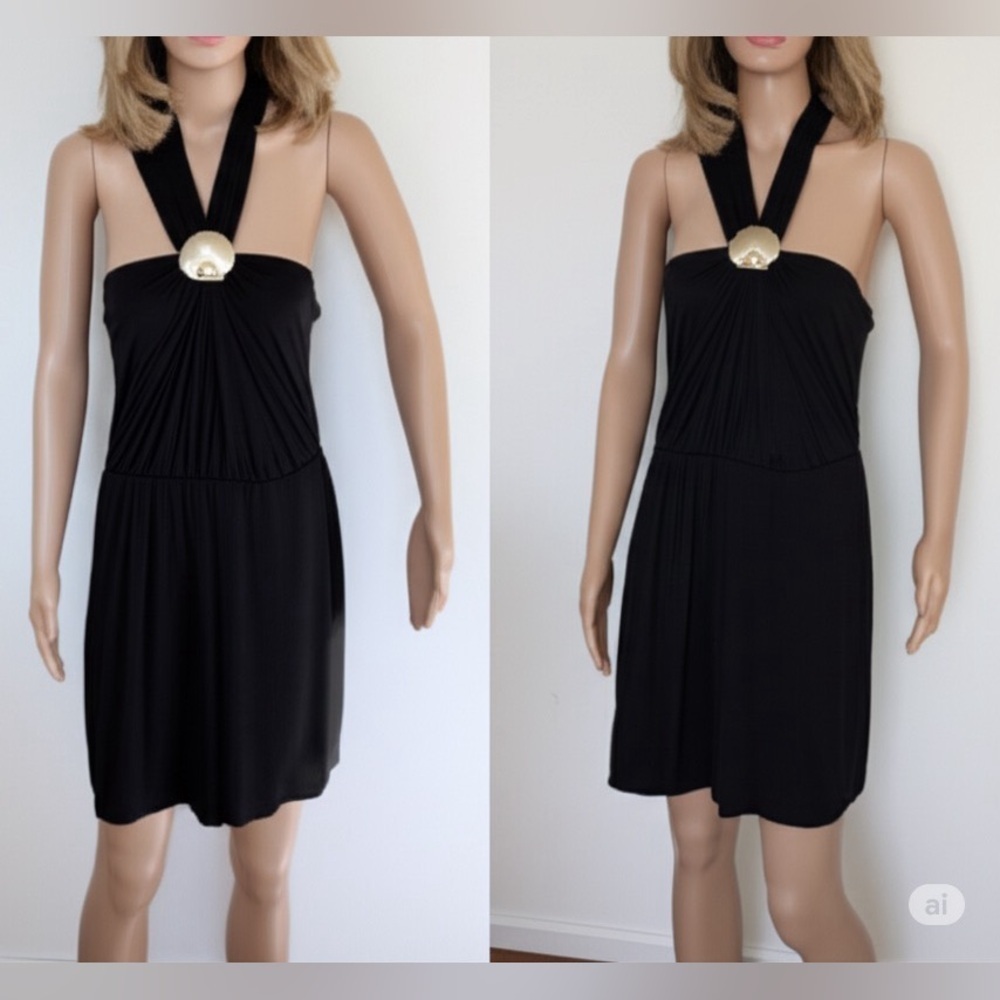 Mud Pie Black Halter Dress Gold Shell Detail Medium